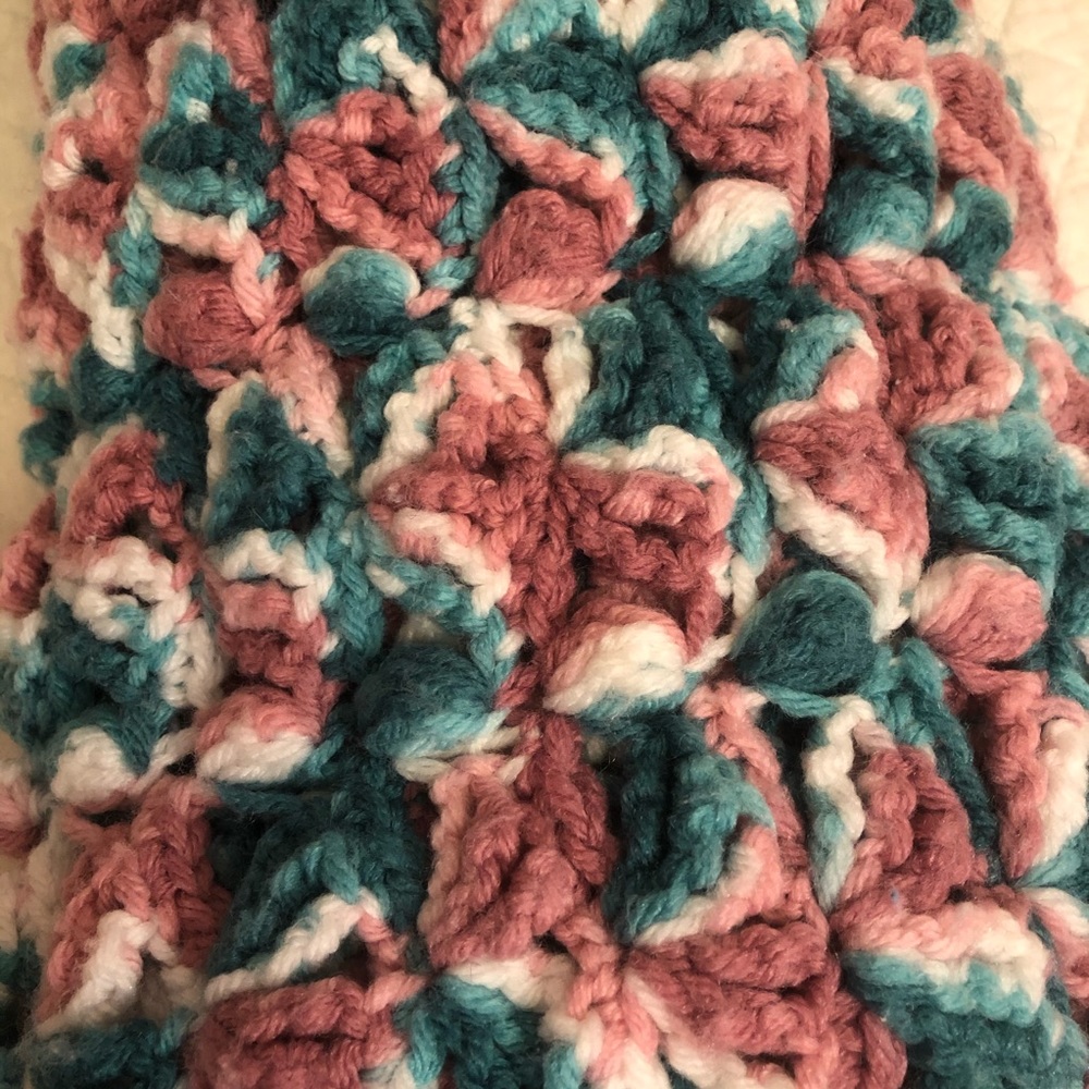 Handmade Crocheted Teal and Pink Blanket - Picture 7 of 7
